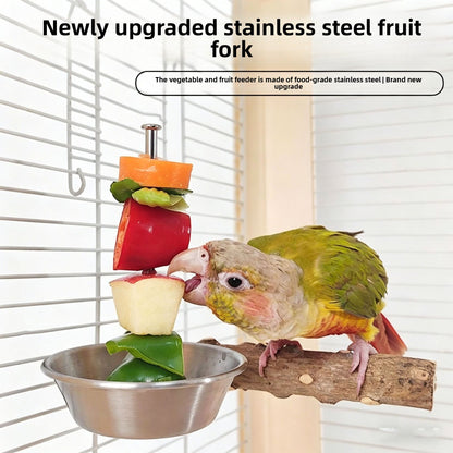 Stainless Steel Bird Feeder Bowl with Fruit Fork and Vegetable Hook