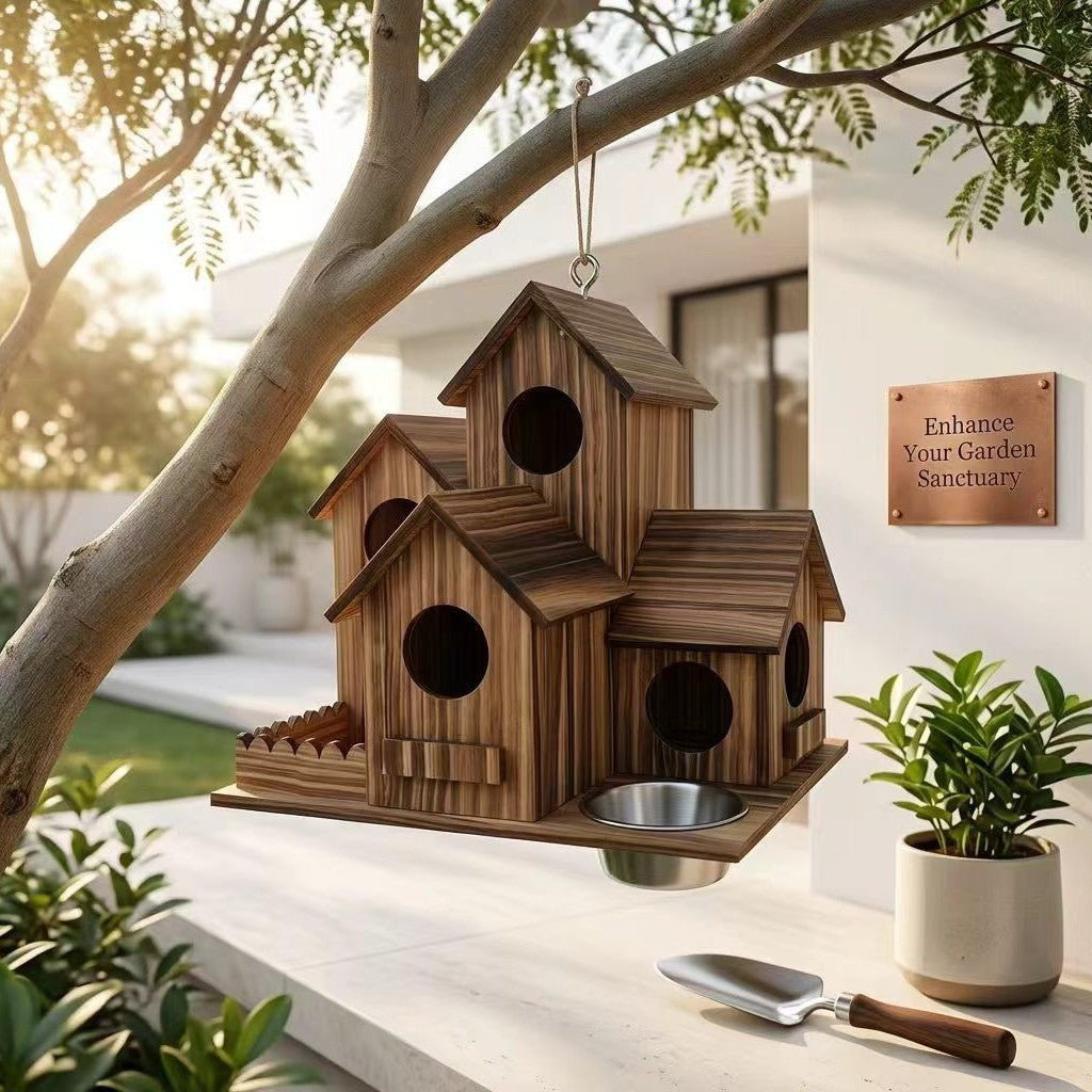 Wooden Outdoor Birdhouse with Integrated Feeder and Water Basin