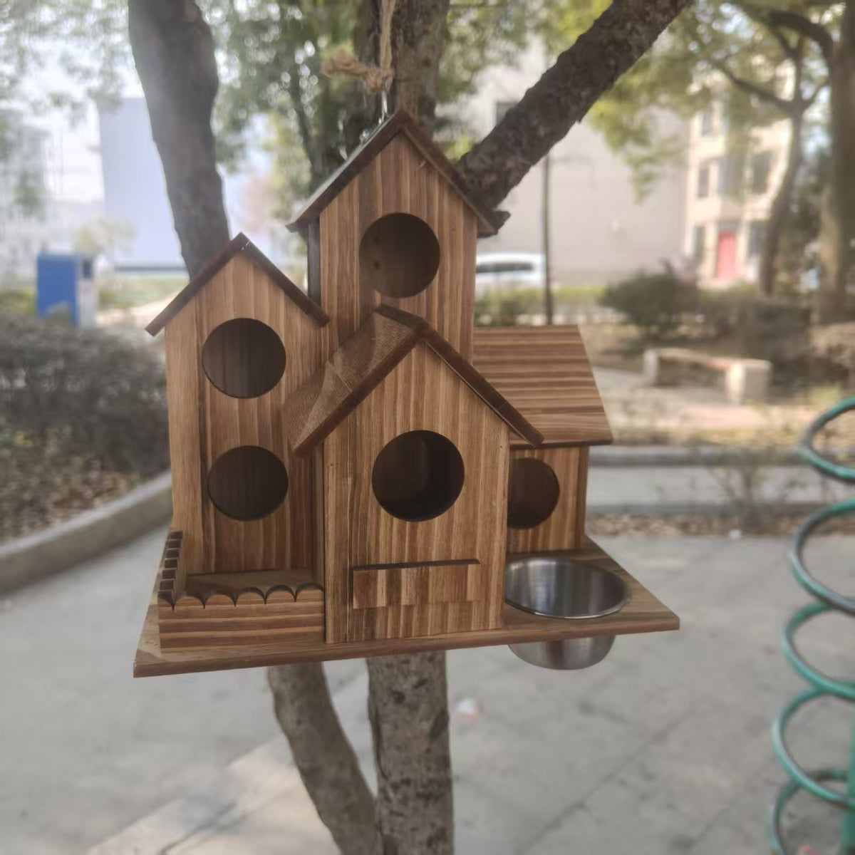 Wooden Outdoor Birdhouse with Integrated Feeder and Water Basin
