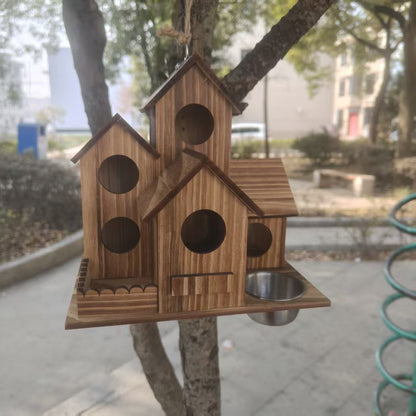 Wooden Outdoor Birdhouse with Integrated Feeder and Water Basin
