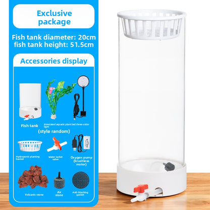 Cylindrical Glass Aquarium Tank with Light and Oxygen System