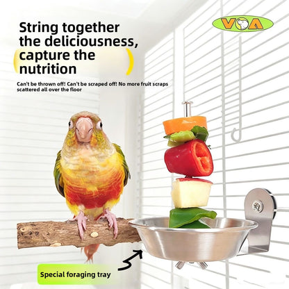 Stainless Steel Bird Feeder Bowl with Fruit Fork and Vegetable Hook