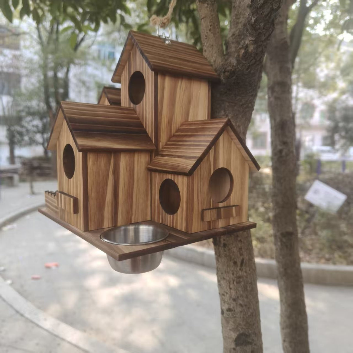 Wooden Outdoor Birdhouse with Integrated Feeder and Water Basin
