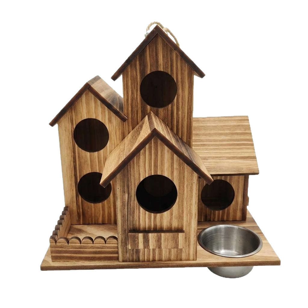 Wooden Outdoor Birdhouse with Integrated Feeder and Water Basin